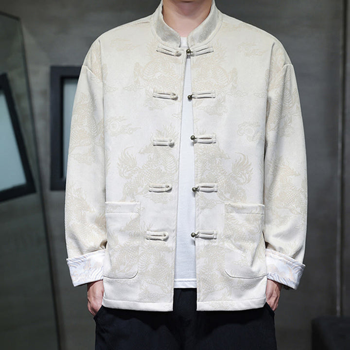 Veste et chemise à boutons de grenouille pour homme avec poches et imprimé Buddha Stones du Nouvel An chinois - Ivoire - US/UK/AU46，EU56 (5XL) - image 21