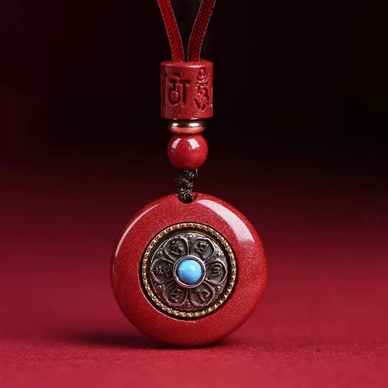 Collier pendentif porte-clés en corde tressée avec six mots vrais « Om Mani Padme Hum » en cinabre naturel de Buddha Stones - Collier cinabre Om Mani Padme Hum - image 1