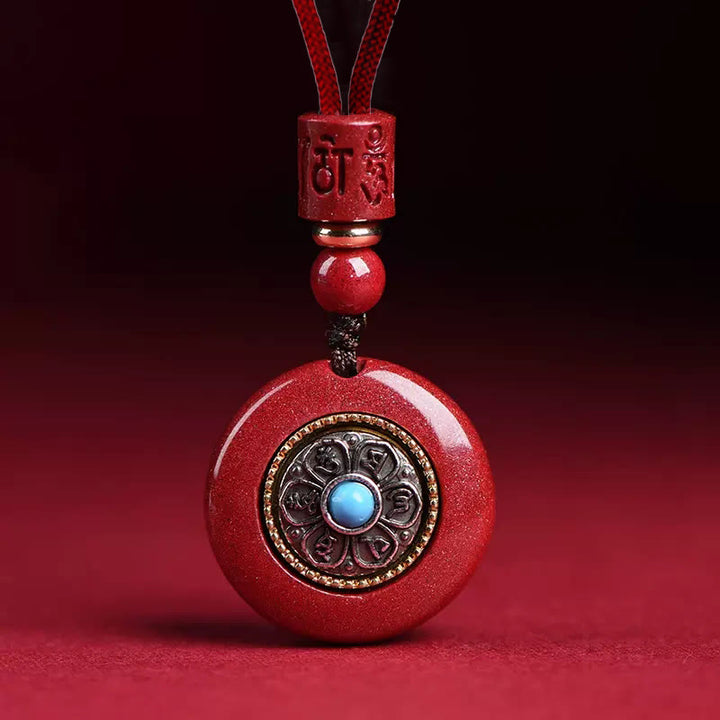 Collier pendentif porte-clés en corde tressée avec six mots vrais « Om Mani Padme Hum » en cinabre naturel de Buddha Stones - Collier cinabre Om Mani Padme Hum - image 1
