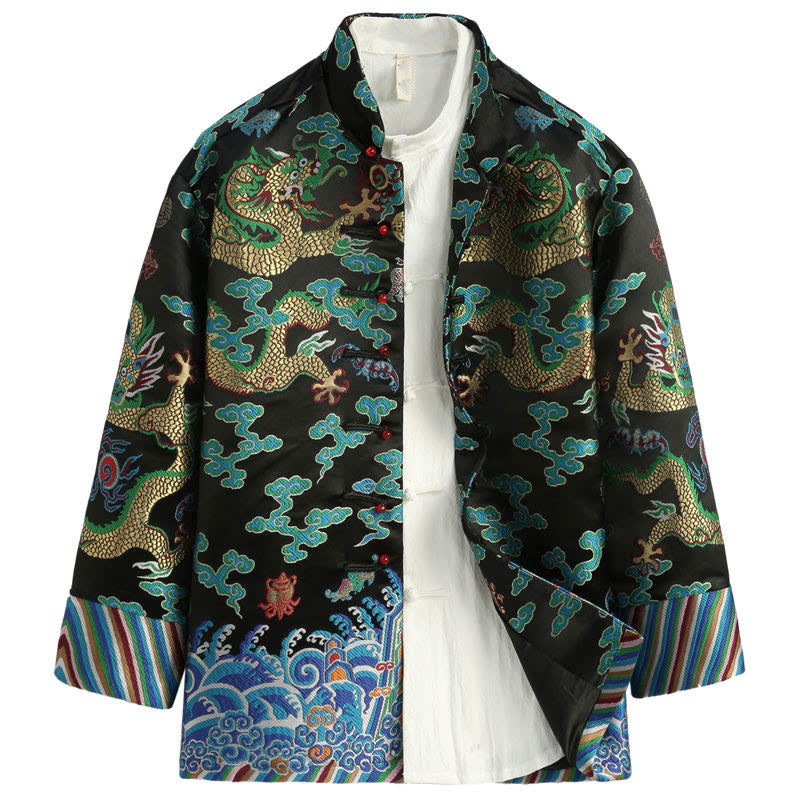 Veste et chemise pour homme avec boutons de grenouille et broderie de dragon et Buddha Stones pour le Nouvel An chinois