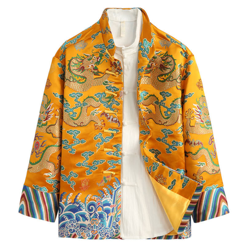 Veste et chemise pour homme avec boutons de grenouille et broderie de dragon et Buddha Stones pour le Nouvel An chinois - Or - US/UK/AU44，EU54 (4XL) - image 2