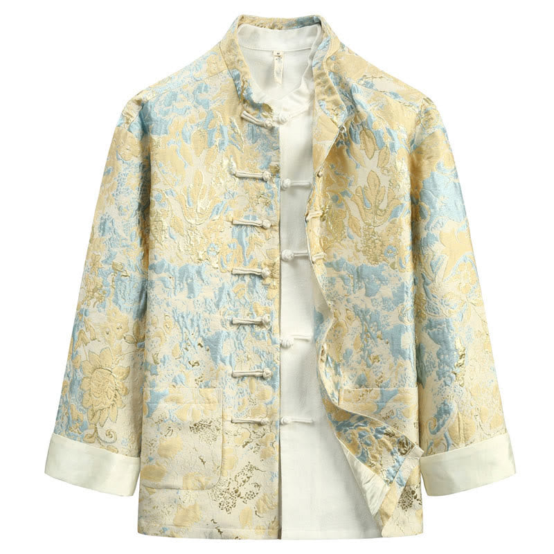 Veste et chemise pour homme avec poches et broderie jacquard et boutons de grenouille, style Tang , Buddha Stones, Nouvel An chinois - Jaune doré clair - US/UK/AU44，EU54 (4XL) - image 0