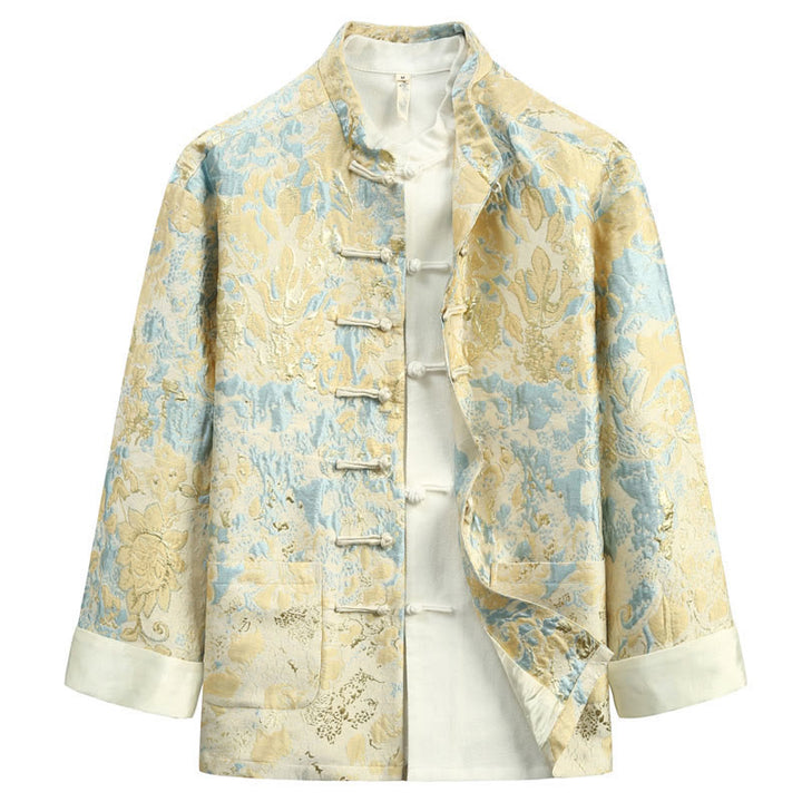Veste et chemise pour homme avec poches et broderie jacquard et boutons de grenouille, style Tang , Buddha Stones, Nouvel An chinois - Jaune doré clair - US/UK/AU44，EU54 (4XL) - image 0