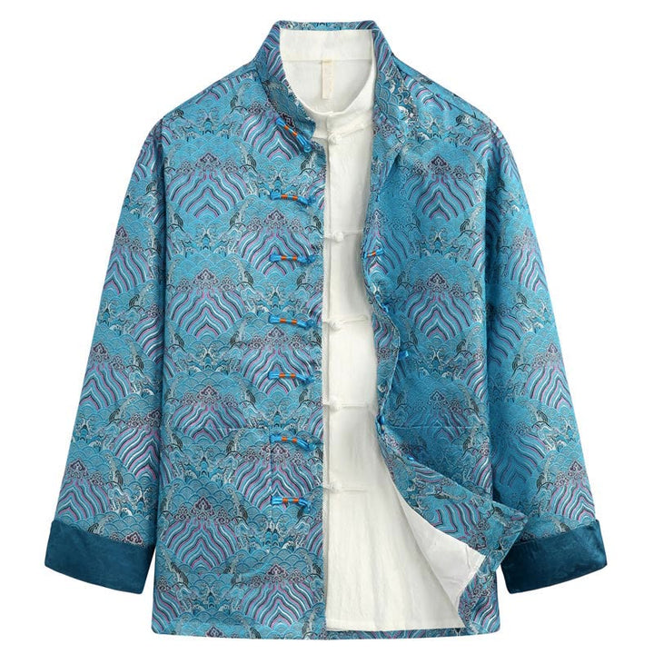 Veste et chemise pour homme avec poches, motif jacquard damassé et eau de mer, boutons de grenouille, style Tang , Buddha Stones, Nouvel An chinois - Bleu ciel profond - US/UK/AU44，EU54 (4XL) - image 4