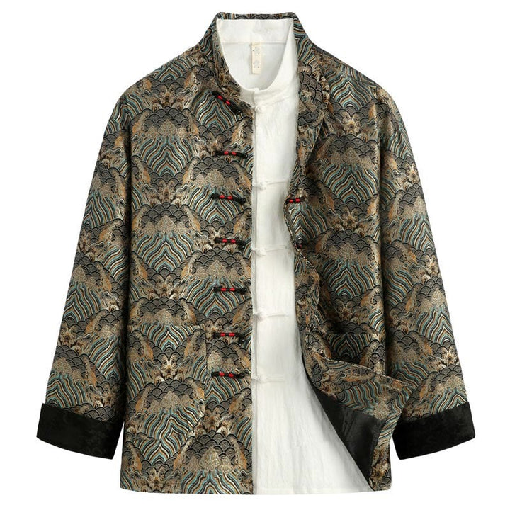 Veste et chemise pour homme avec poches, motif jacquard damassé et eau de mer, boutons de grenouille, style Tang , Buddha Stones, Nouvel An chinois - Vert olive - US/UK/AU44，EU54 (4XL) - image 6