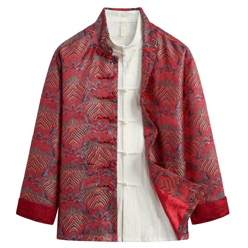 Veste et chemise pour homme avec poches, motif jacquard damassé et eau de mer, boutons de grenouille, style Tang , Buddha Stones, Nouvel An chinois - Cramoisi - US/UK/AU44，EU54 (4XL) - image 0