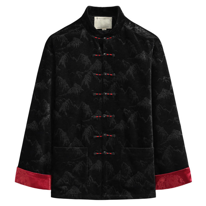 Chemise Tang pour homme avec boutons de grenouille et imprimé paysage du Nouvel An chinois , Buddha Stones , faite à la main, avec poches - Noir - US/UK/AU44，EU54 (4XL) - image 2