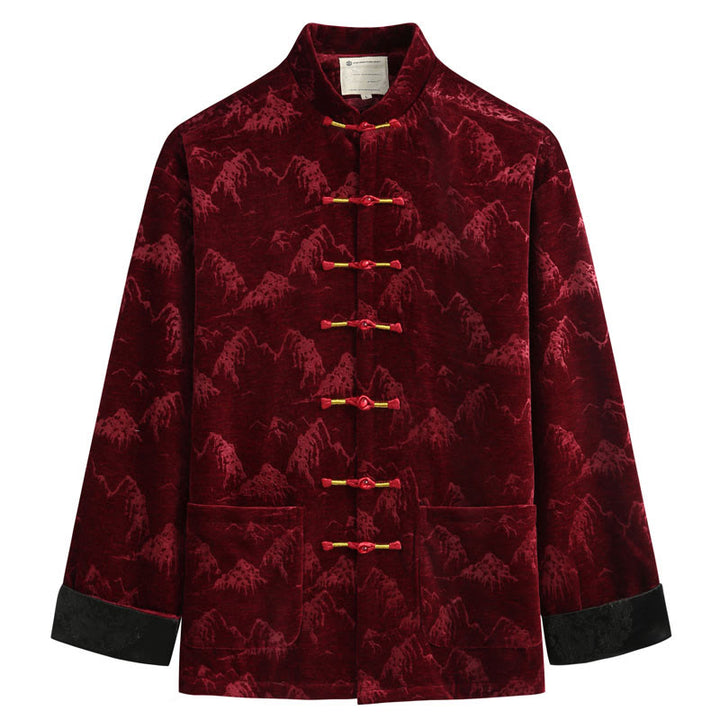 Chemise Tang pour homme avec boutons de grenouille et imprimé paysage du Nouvel An chinois , Buddha Stones , faite à la main, avec poches - FireBrick - US/UK/AU44，EU54 (4XL) - image 0