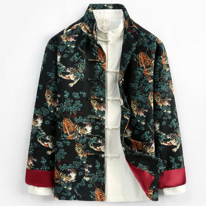 Veste de costume Tang pour homme avec poches et boutons de grenouille et motif tigre de la forêt, style chinois, pierres de Buddha Stones , nouvel an