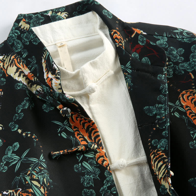 Veste de costume Tang pour homme avec poches et boutons de grenouille et motif tigre de la forêt, style chinois, pierres de Buddha Stones , nouvel an
