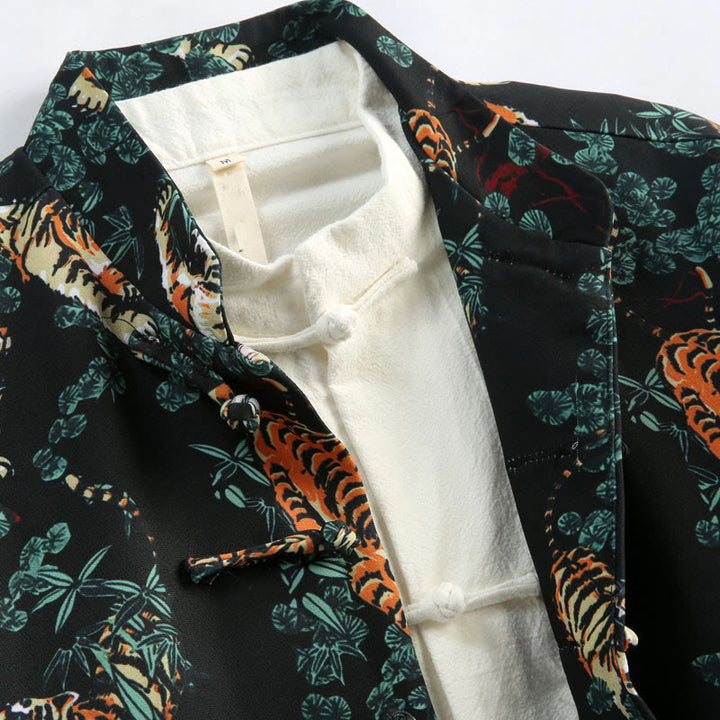 Veste de costume Tang pour homme avec poches et boutons de grenouille et motif tigre de la forêt, style chinois, pierres de Buddha Stones , nouvel an