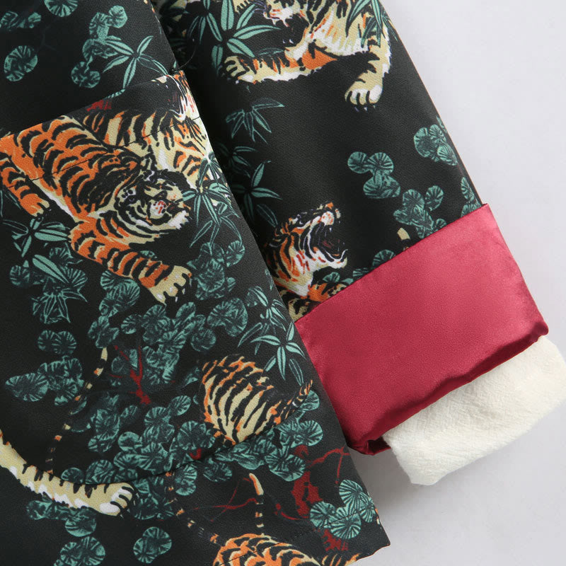 Veste de costume Tang pour homme avec poches et boutons de grenouille et motif tigre de la forêt, style chinois, pierres de Buddha Stones , nouvel an