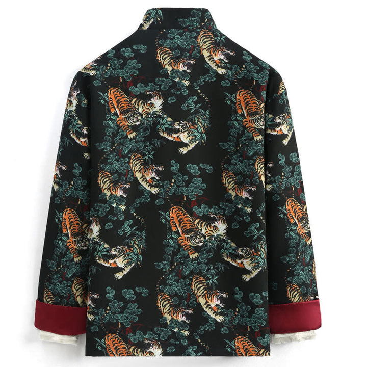 Veste de costume Tang pour homme avec poches et boutons de grenouille et motif tigre de la forêt, style chinois, pierres de Buddha Stones , nouvel an