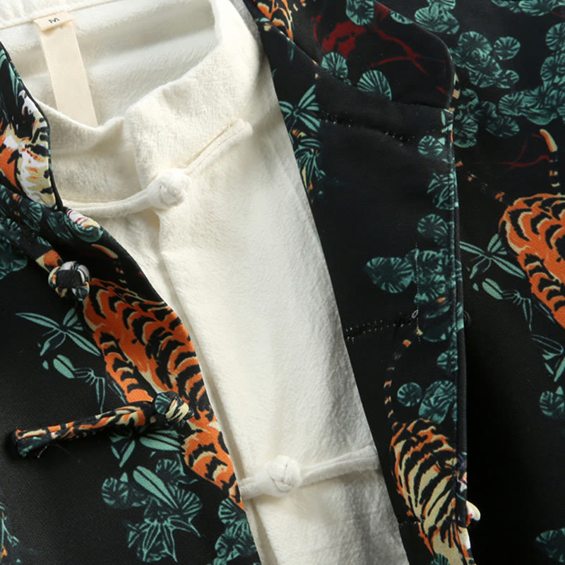 Veste de costume Tang pour homme avec poches et boutons de grenouille et motif tigre de la forêt, style chinois, pierres de Buddha Stones , nouvel an
