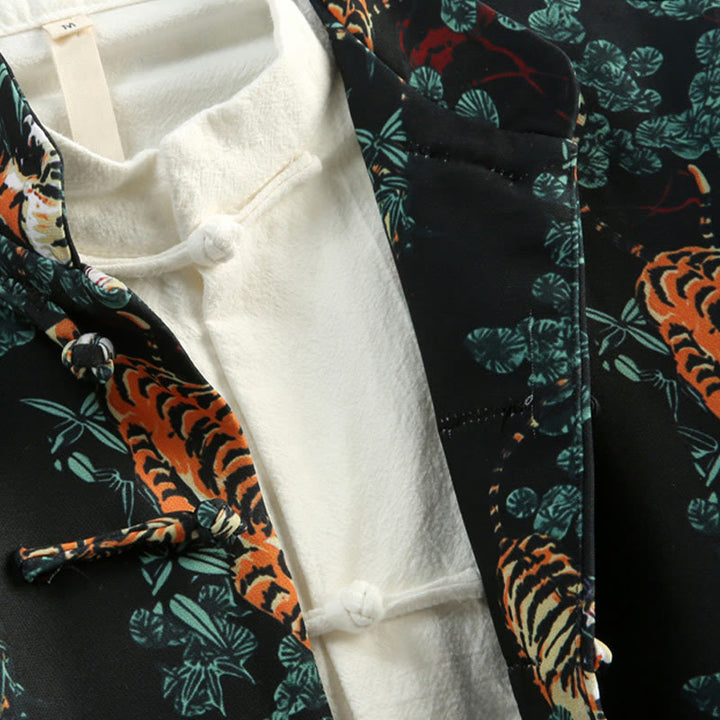 Veste de costume Tang pour homme avec poches et boutons de grenouille et motif tigre de la forêt, style chinois, pierres de Buddha Stones , nouvel an
