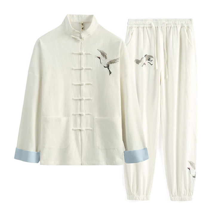 Ensemble de vêtements pour hommes en coton et lin avec broderie de grue du Nouvel An chinois, haut à manches longues et pantalon Hanfu, avec poches