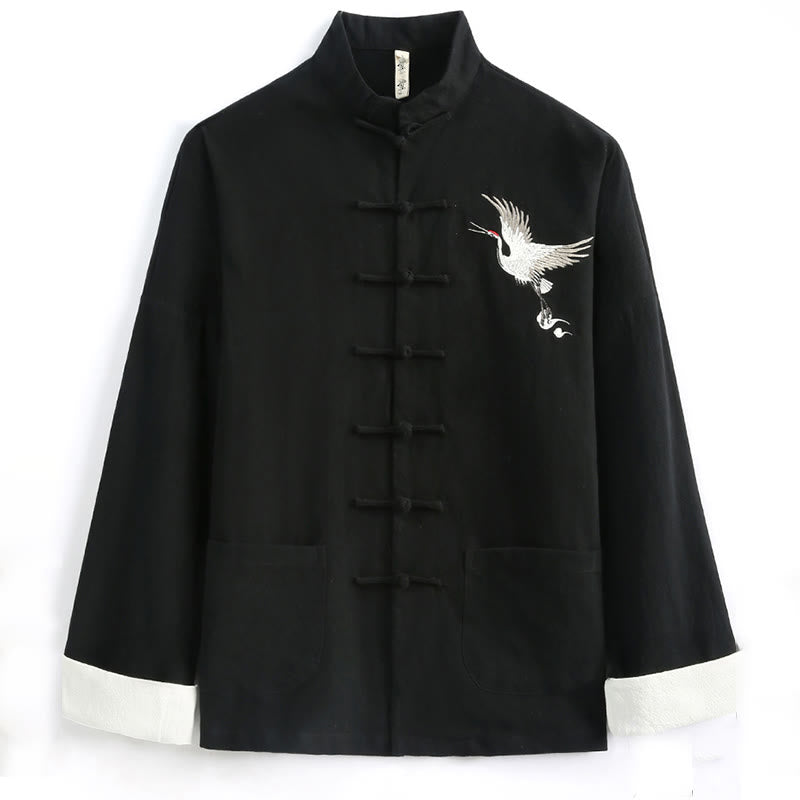 Ensemble de vêtements pour hommes en coton et lin avec broderie de grue du Nouvel An chinois, haut à manches longues et pantalon Hanfu, avec poches
