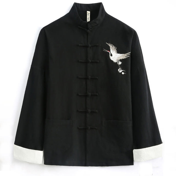 Ensemble de vêtements pour hommes en coton et lin avec broderie de grue du Nouvel An chinois, haut à manches longues et pantalon Hanfu, avec poches