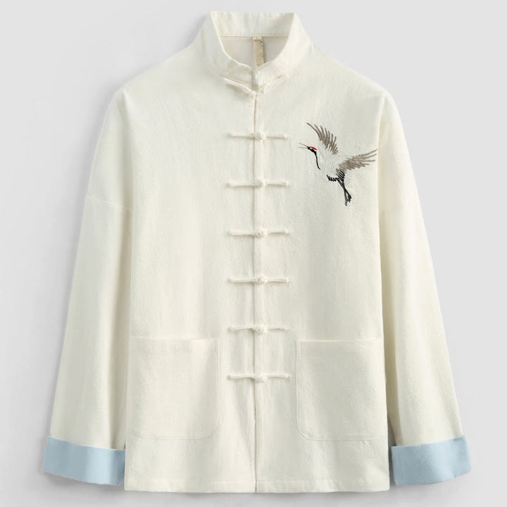 Ensemble de vêtements pour hommes en coton et lin avec broderie de grue du Nouvel An chinois, haut à manches longues et pantalon Hanfu, avec poches