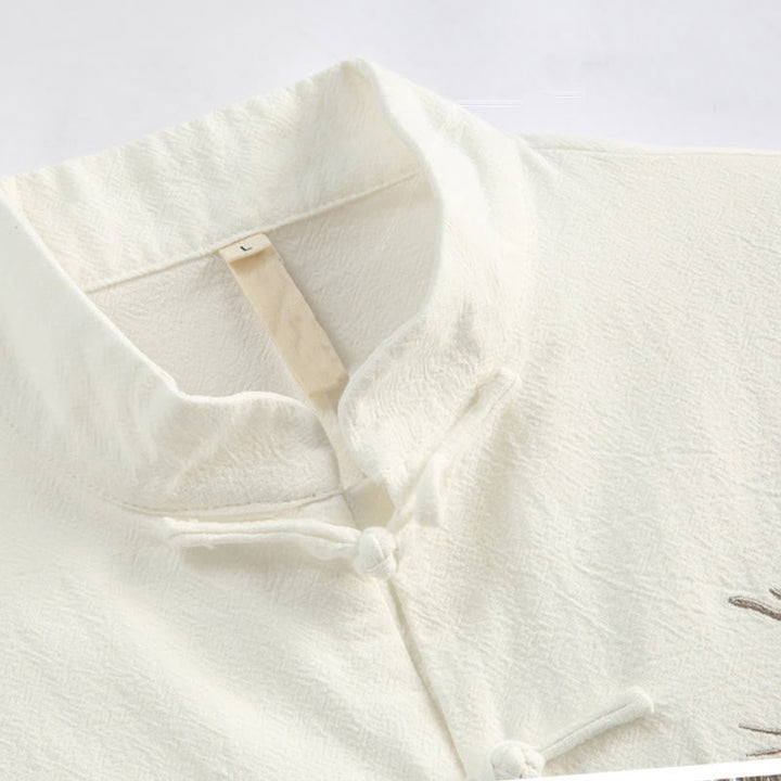 Ensemble de vêtements pour hommes en coton et lin avec broderie de grue du Nouvel An chinois, haut à manches longues et pantalon Hanfu, avec poches