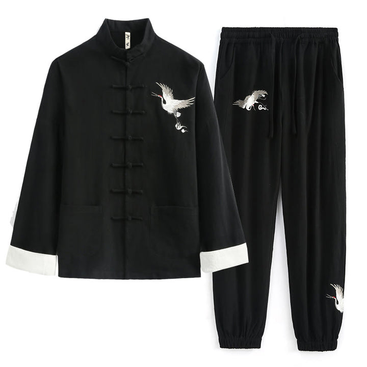 Ensemble de vêtements pour hommes en coton et lin avec broderie de grue du Nouvel An chinois, haut à manches longues et pantalon Hanfu, avec poches