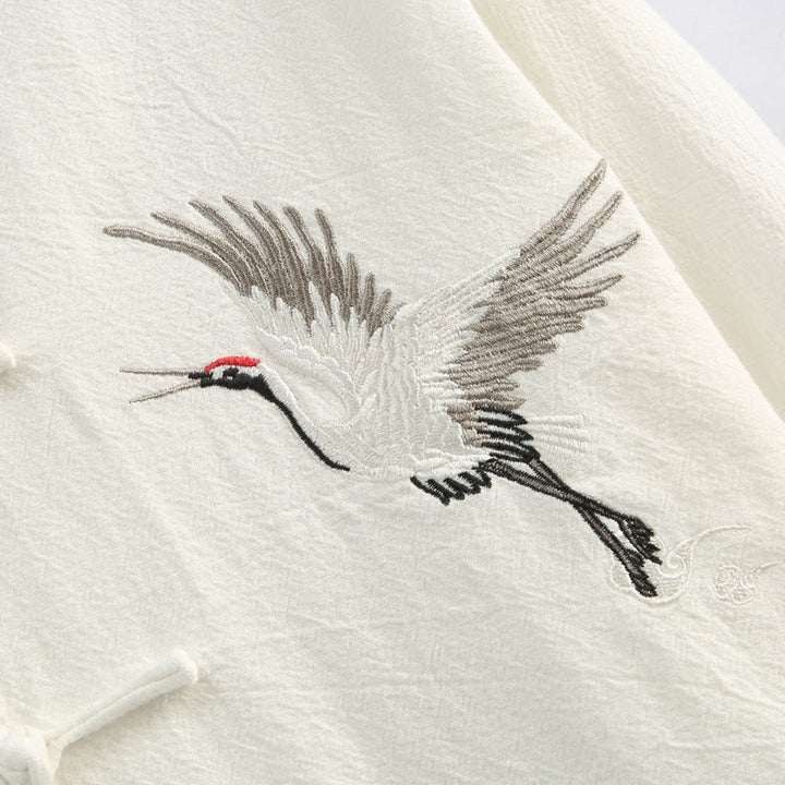 Ensemble de vêtements pour hommes en coton et lin avec broderie de grue du Nouvel An chinois, haut à manches longues et pantalon Hanfu, avec poches - image 8