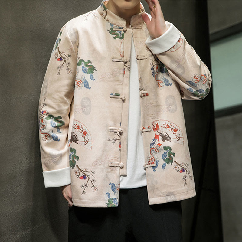 Buddha Stones Vêtements du Nouvel An chinois Fleurs Éventail de dragon Nuages ​​de bon augure Costume Tang à boutons de grenouille Veste en coton pour hommes Chemise  - image 8