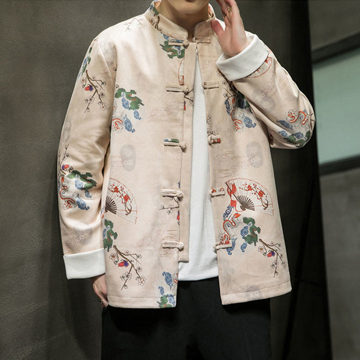 Buddha Stones Vêtements du Nouvel An chinois Fleurs Éventail de dragon Nuages ​​de bon augure Costume Tang à boutons de grenouille Veste en coton pour hommes Chemise  - image 8