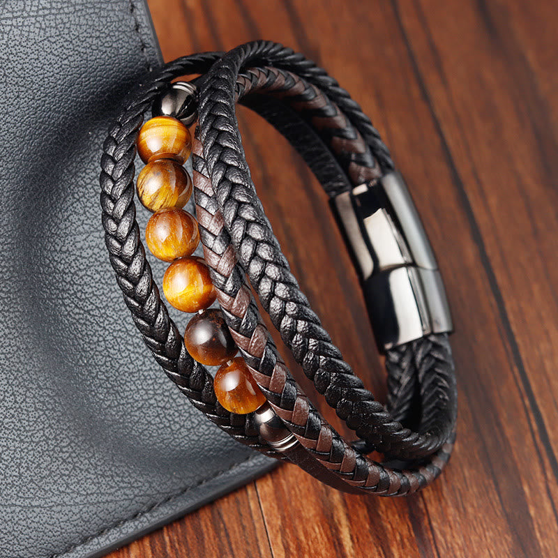 Bracelet en cuir de protection en pierre d'œil de tigre avec Buddha Stones - Œil de tigre (circonférence du poignet : 18-20 cm) - image 1
