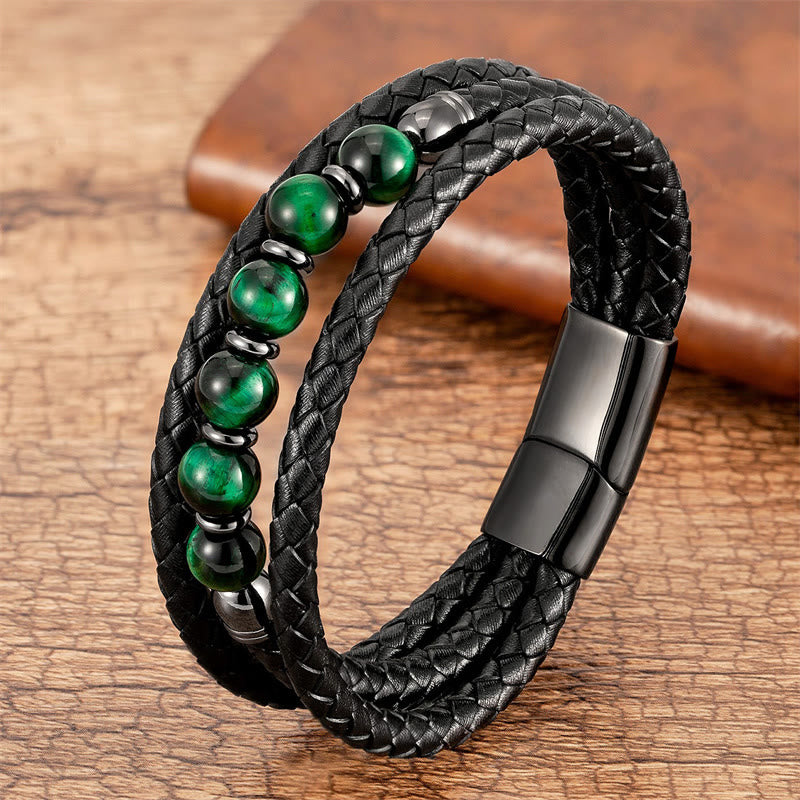 Bracelet en cuir positif avec perles en onyx noir et hématite et pierre de lave en œil de tigre et Buddha Stones - Œil de tigre vert - 18-22 cm - image 1