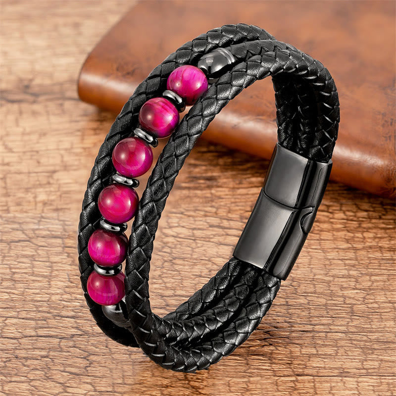 Bracelet en cuir positif avec perles en onyx noir et hématite et pierre de lave en œil de tigre et Buddha Stones - Œil de tigre rouge rose - 18-22 cm - image 4