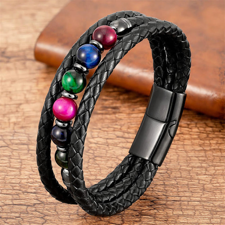 Bracelet en cuir positif avec perles en onyx noir et hématite et pierre de lave en œil de tigre et Buddha Stones - Œil de tigre multicolore - 18-22 cm - image 5