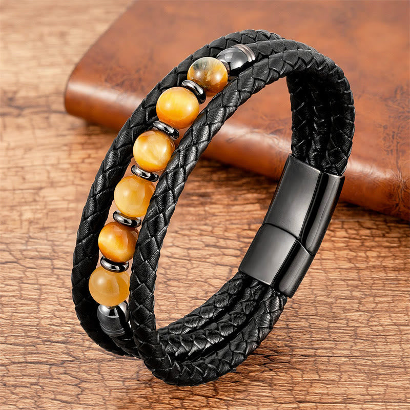 Bracelet en cuir positif avec perles en onyx noir et hématite et pierre de lave en œil de tigre et Buddha Stones - Œil de tigre doré - 18-22 cm - image 6