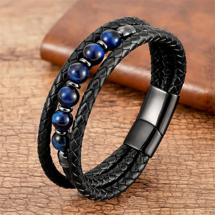 Bracelet en cuir positif avec perles en onyx noir et hématite et pierre de lave en œil de tigre et Buddha Stones - Œil de tigre bleu - 18-22 cm - image 7