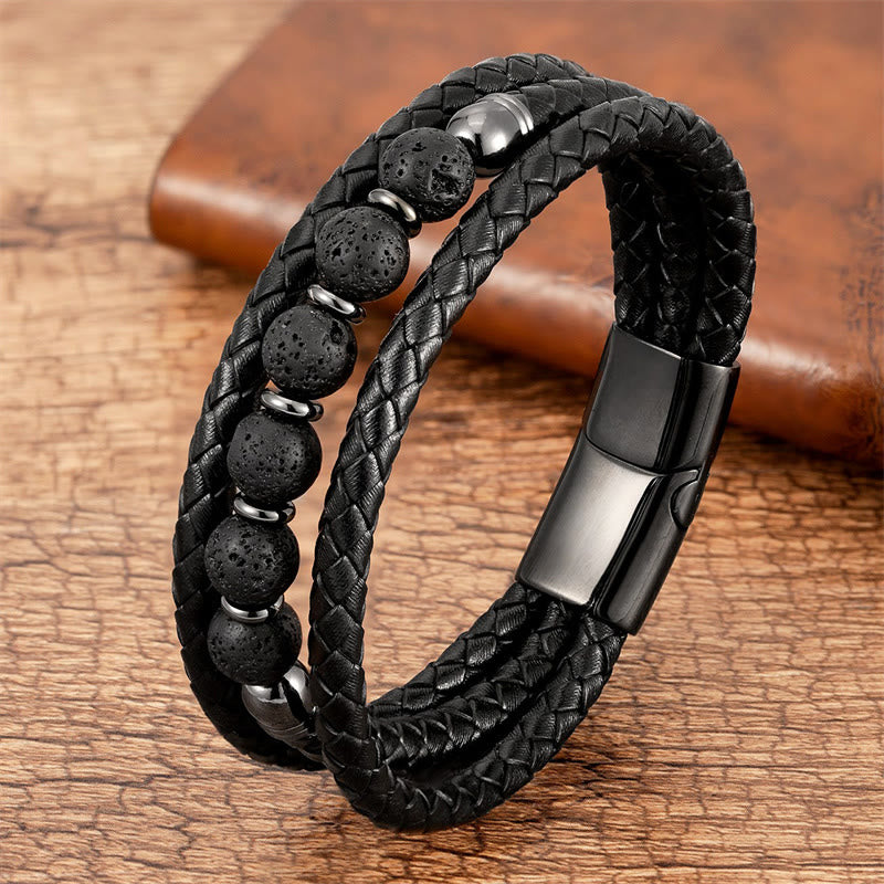 Bracelet en cuir positif avec perles en onyx noir et hématite et pierre de lave en œil de tigre et Buddha Stones - roche de lave - 18-22 cm - image 9