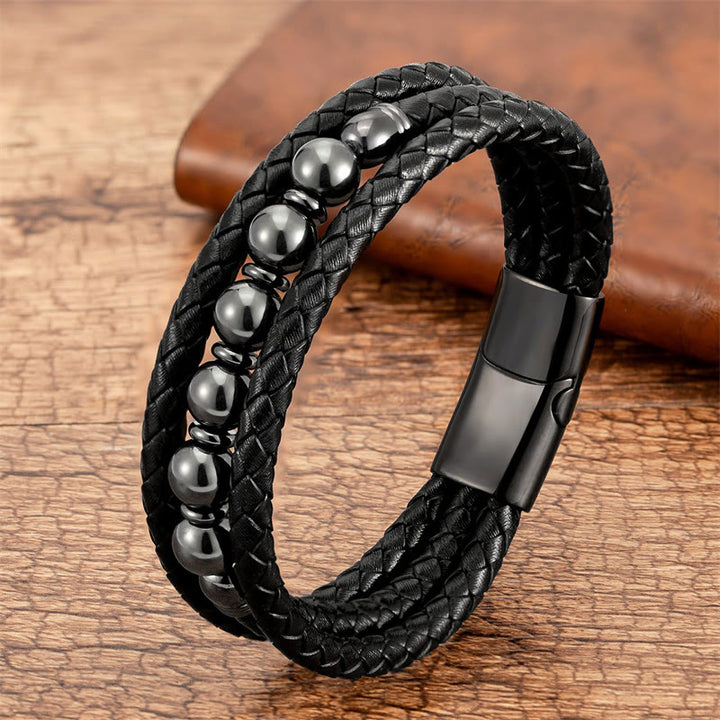 Bracelet en cuir positif avec perles en onyx noir et hématite et pierre de lave en œil de tigre et Buddha Stones - Hématite - 18-22 cm - image 11