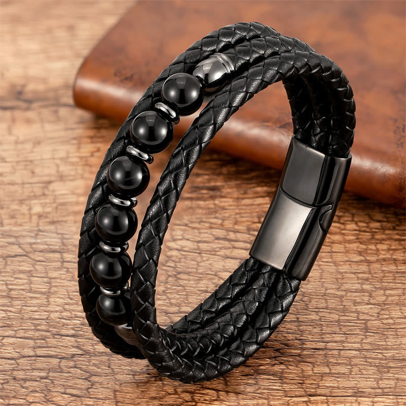 Bracelet en cuir positif avec perles en onyx noir et hématite et pierre de lave en œil de tigre et Buddha Stones - Onyx noir - 18-22 cm - image 13