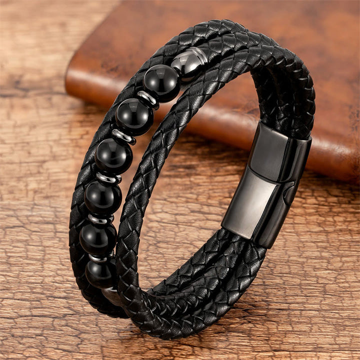 Bracelet en cuir positif avec perles en onyx noir et hématite et pierre de lave en œil de tigre et Buddha Stones - Onyx noir - 18-22 cm - image 13