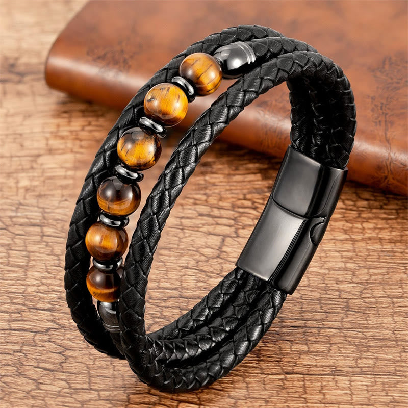 Bracelet en cuir positif avec perles en onyx noir et hématite et pierre de lave en œil de tigre et Buddha Stones - Œil de tigre jaune - 18-22 cm - image 15