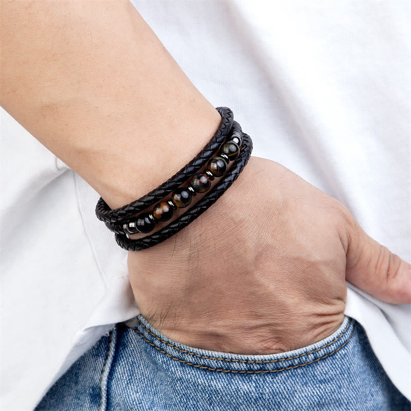 Bracelet en cuir positif avec perles en onyx noir et hématite et pierre de lave en œil de tigre et Buddha Stones - image 17