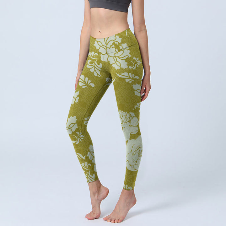 Leggings de sport à imprimé fleurs monochromes Buddha Stones Pantalon de yoga pour femme - JauneVert - US18，UK/AU22，EU50 (4XL) - image 0