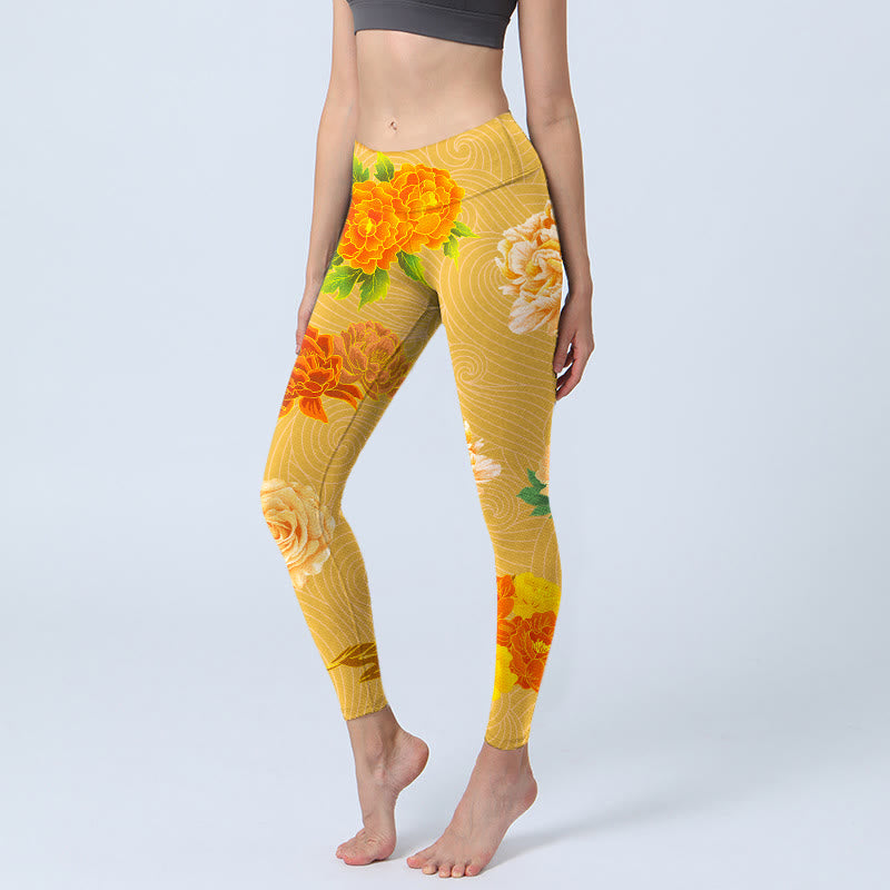 Leggings de sport à imprimé de fleurs roses vibrantes Buddha Stones Pantalon de yoga pour femme - Or - US18，UK/AU22，EU50 (4XL) - image 1