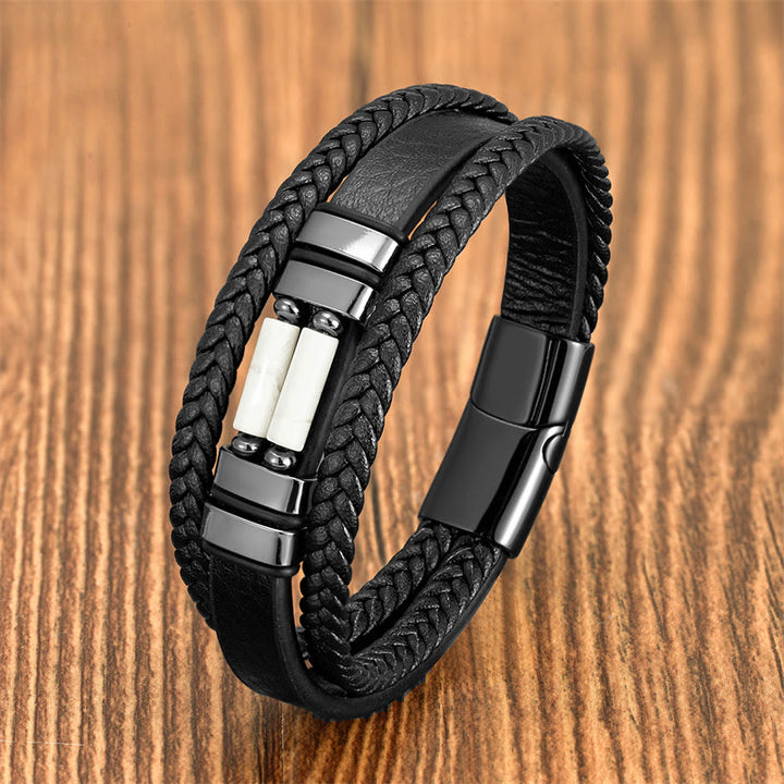 Bracelet en cuir multicouches avec Buddha Stones , œil de tigre, lazurite, lapis-lazuli, hématite, jaspe paysage et onyx noir. - Turquoise blanche (synthétique) - 18-22 cm - image 14