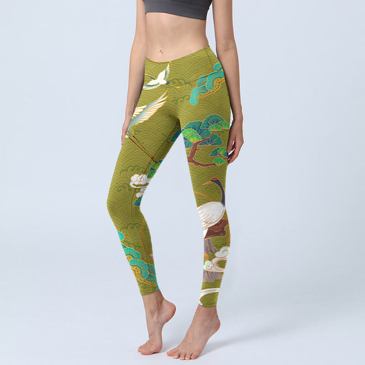 Leggings de sport imprimés Buddha Stones Flying Cranes Nuages ​​​​de bon augure Arbres Pantalons de yoga pour femmes - Vert olive - US18，UK/AU22，EU50 (4XL) - image 0