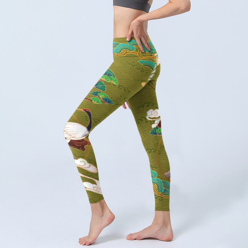 Leggings de sport imprimés Buddha Stones Flying Cranes Nuages ​​​​de bon augure Arbres Pantalons de yoga pour femmes - image 3