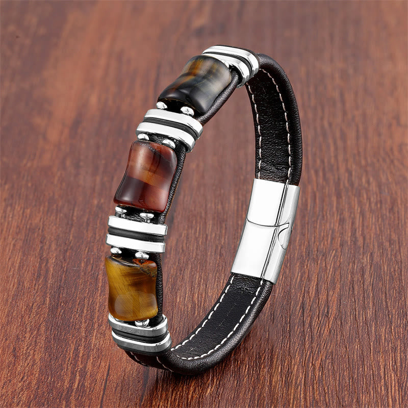 Bracelet en cuir avec trois pierres de protection en bambou et œil de tigre et Buddha Stones - Œil de tigre jaune-brun-rouge-noir-argent - 21-22 cm - image 0