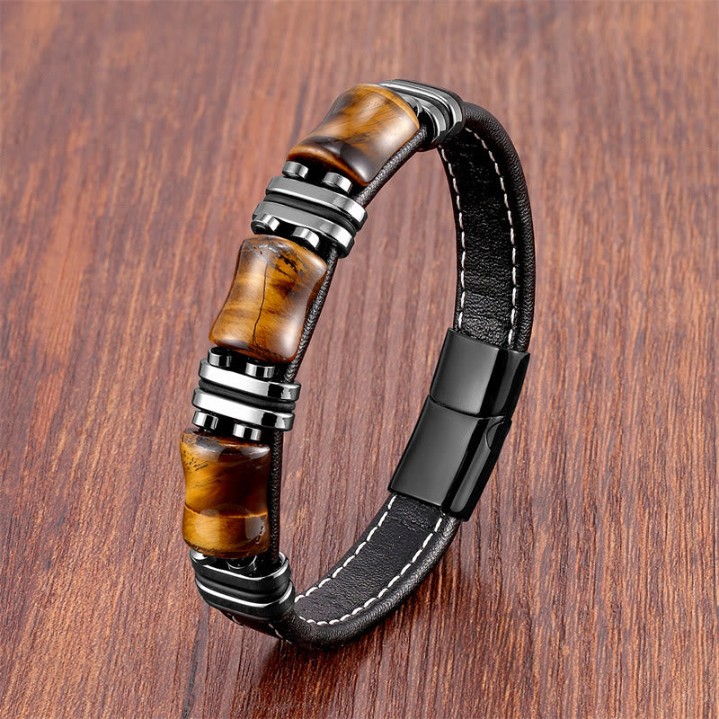 Bracelet en cuir avec trois pierres de protection en bambou et œil de tigre et Buddha Stones - Œil de tigre jaune-noir - 21-22 cm - image 1