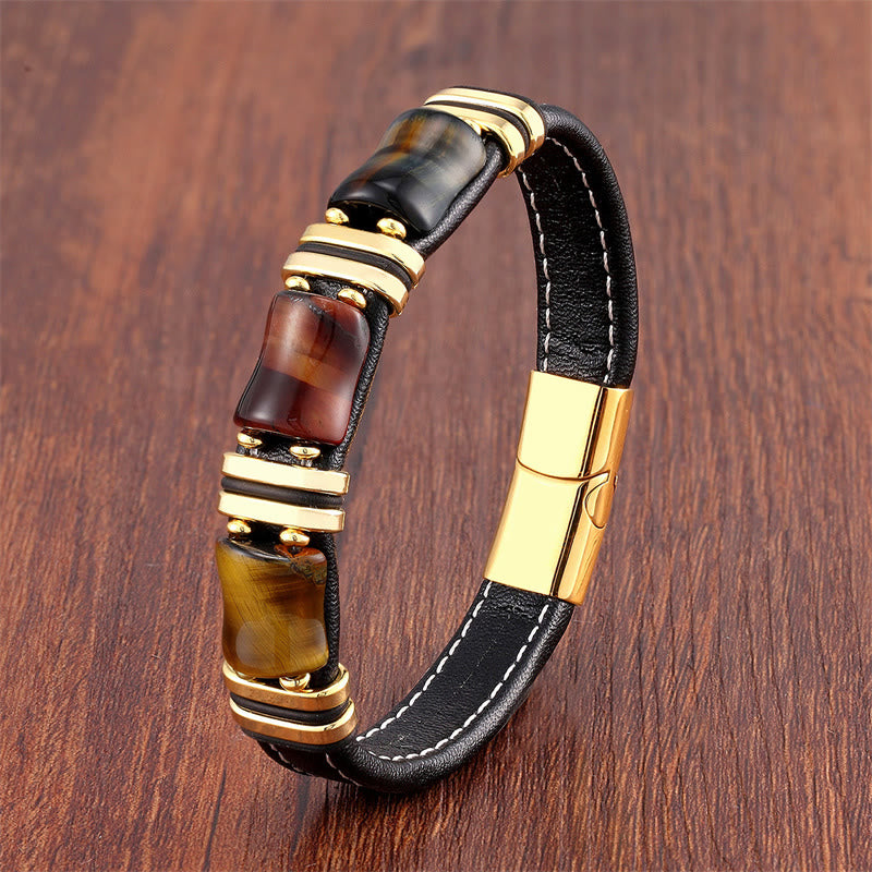 Bracelet en cuir avec trois pierres de protection en bambou et œil de tigre et Buddha Stones - Œil de tigre jaune-marron-rouge-noir-or - 18-22 cm - image 3