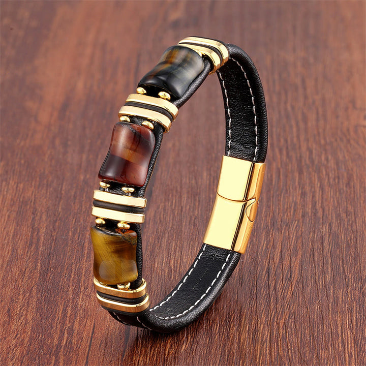 Bracelet en cuir avec trois pierres de protection en bambou et œil de tigre et Buddha Stones - Œil de tigre jaune-marron-rouge-noir-or - 18-22 cm - image 3
