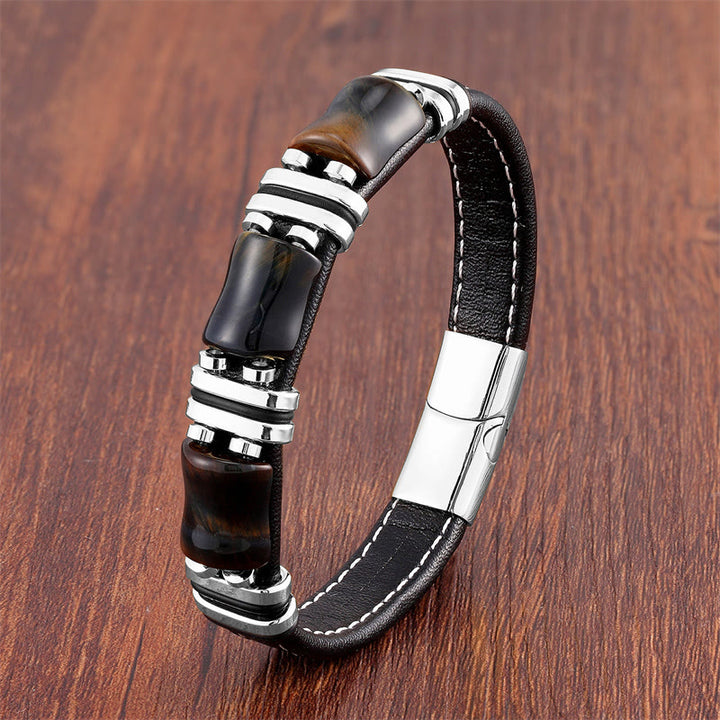 Bracelet en cuir avec trois pierres de protection en bambou et œil de tigre et Buddha Stones - Œil de tigre jaune-noir-argent - 18-22 cm - image 7